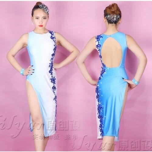 New Latin dance skirt competition skirt performance Skirt Adult custom open back high split embroidered Chinese style dance skir