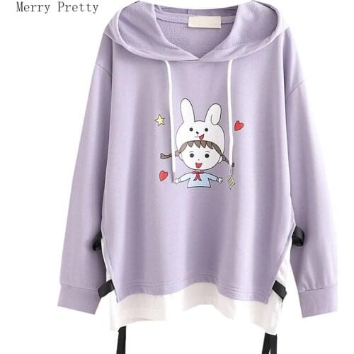Purple Harajuku Cartoon Print Casual Hoodies Sweatshirt Women 2021spring Full Sleeve Hooded Pullover Korean Ladies Cotton Tops