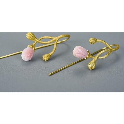 S925 Sterling Silver Stud Earrings Womens Jasmine Flower Jewelry Jade Earrings 925 Sterling Silver Gold Plating Stud Earrings