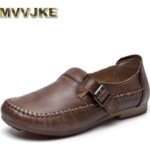 MVVJKEWomen Shoes Slip On Ballerina Woman Shoe Genuine Leather Ladies Flats Black Brown Round Toe Buckle Casual Shoes Women Flat