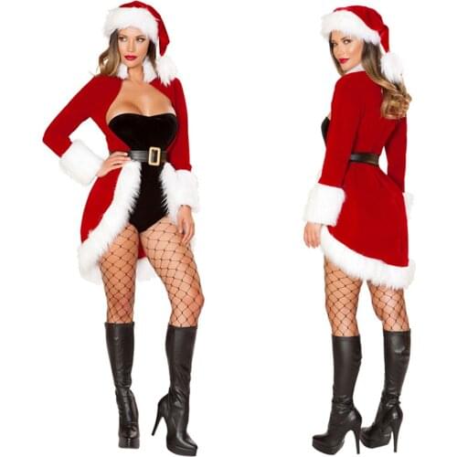 Ladies Christmas Sexy Dress Set Fashion Tube Tops Romper And Long Sleeve Coat Party Costume