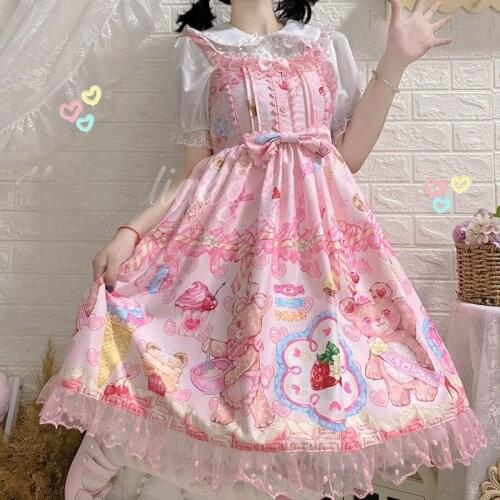 Lolita Dress Women Kawaii Cute Bow Bear Print Pink Lolita JSK Dresses Ruffle Vintage Splicing Lace High Waist Girls Strap Dress
