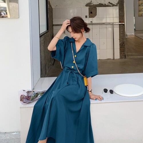 Long Purple Chiffon Dress Women Summer 2020 Womens Short-sleeved Lapel Single-breasted Dress Temperament Was Thin Vestidos Q35