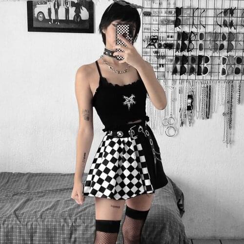 2021 y2k Womens Mini Skater Skirt Casual High Waist Checkerboard Print Color Block Flared Skirt