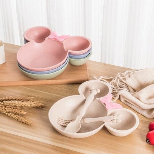 3pcs Wheat Straw Baby Cartoon Tableware Set Childrens Dishes Kids Dinner Platos Baby Feeding Plate Training Bowl Spoon Fork