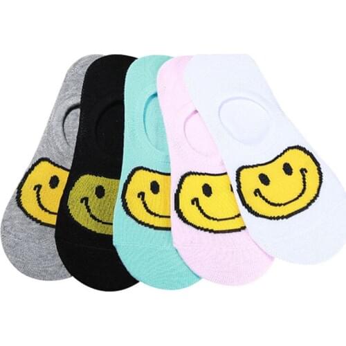 5 Pairs Women Boat Socks Cute Cartoon Smile Face Soft Color Invisible Cotton Girl Female Socks Summer Comfortable Deodorant Meia