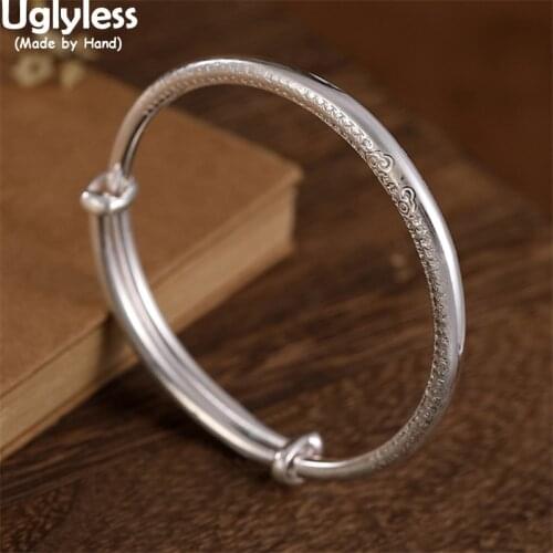Uglyless Glossy Silver 999 Pure Silver Push-pull Bangles for Female Buddhists Carved Chinese Heart Sutra Buddhism Jewelry Women