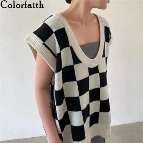 Colorfaith 2021 New Spring Autumn Women Sweaters Pullovers Checkered Sleeveless Knitted Wild Checkerboard Short Vests SWV3521