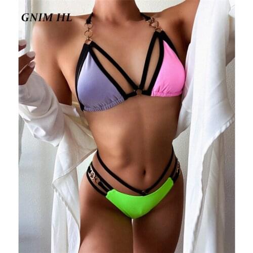GNIM Bandage Backless Swimsuit Women Stitcing Color Bikini Set 2021 Sexy Backless Swimwear 2 Pieces String Womens Swimming Suit
