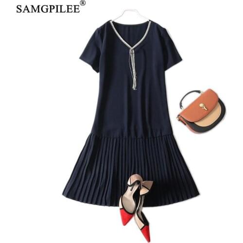Summer Women Dresses 2021 New Korean Style Office Lady A-line Solid Short Sleeve Tassel Empire V-neck Woman Dress Plus Size 5XL