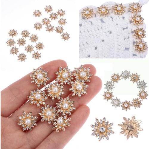 10PCS 16mm Rhinestone Pearl Snowflake Cabochon Metal Buttons for Clothing Decor Flatback Plating Buckle DIY Craft Apparel Sewing