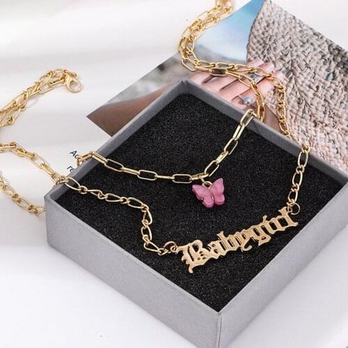 Fashion Double Chain Angel Babygirl Pendant Letter Necklace Vintage Layered Jewelry Women Pink Acrylic Butterfly Choker Necklace