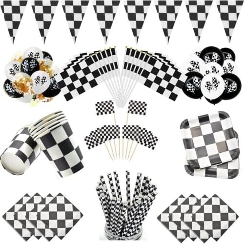 Black White Racing Car Party Deco Servies Chess Disposable Tableware Set Checkered Flag Party Supplies Baby Shower Deco for Kids
