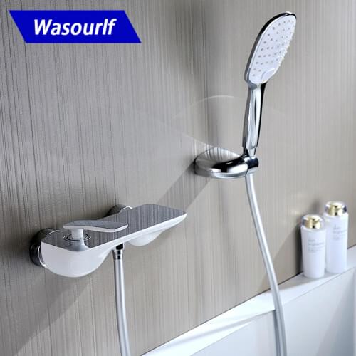 WASOURLF brass Bath shower mixer faucet tap set hand hold shower bracket shower hose chrome and white design hot cold