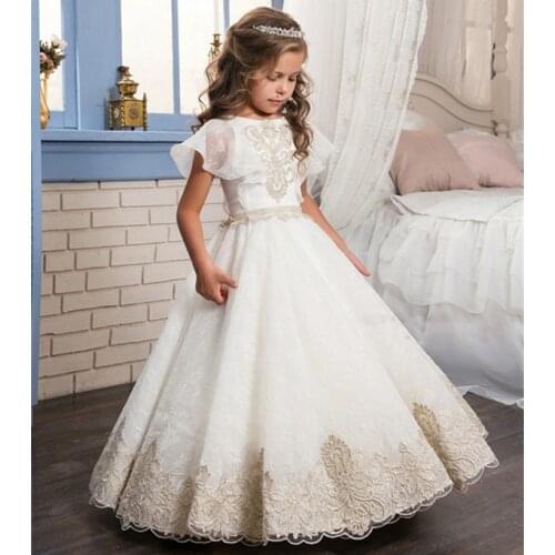 New Flower Girl Dresses Ball Gowns Lace Appliques Floor Length Flower Girls Princess Elegant Wedding Pageant Dresses