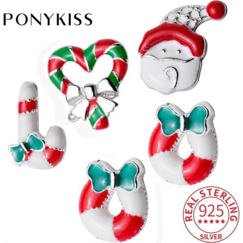 PONYKISS 100% 925 Sterling Silver Santa Claus Sled Deer Stud Earrings Girl For Christmas Romantic Delicate Accessory Lovely Gift