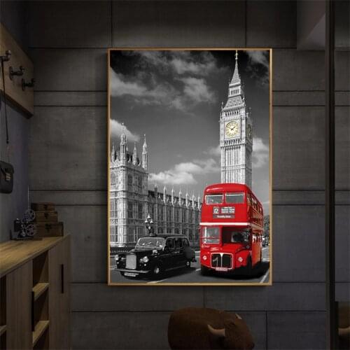 Poster Black and White London Street Canvas Painting Red Telephone Booth Wall Pictures For Living Room Home Decoration