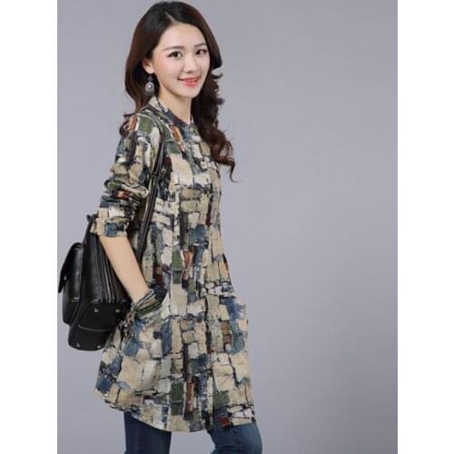 Cotton Linen Shirt Women 2021 Autumn Korean Vintage Print Long Sleeve Blouse Female Casual Long Loose Blouses Plus Size