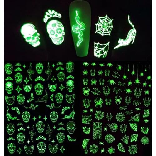 3D Luminous Halloween Nail Ghost Stickers Pumpkin Desigh Skull Art Decorations Self Adhesive Long Lasting Waterproof Polish