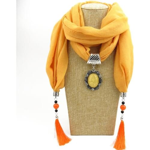 Vintage Bohemian Big Resin Carves Flower Pendant Solid Polyester Long Tassel Scarves Necklace For Women