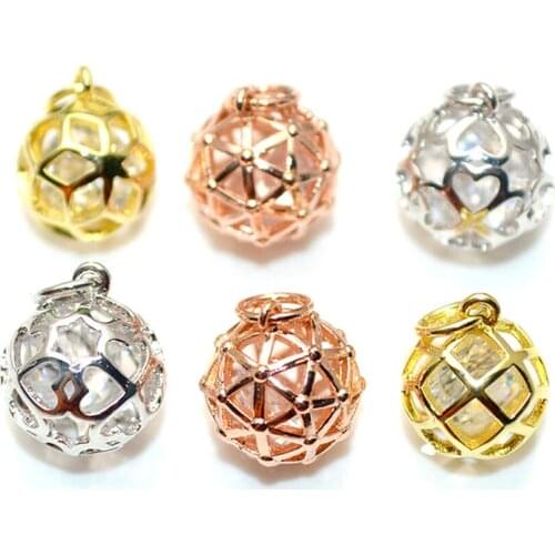 Hollow Out Round Ball With Zircon Stone Inside Chamrs Rhombus Triangle Heart Gridding Pendants 10mm DIY Jewelry Making Findings