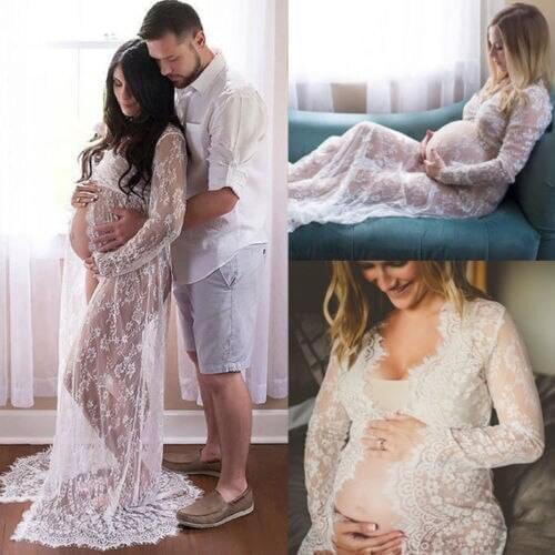 Womens Clothes Split Long Maxi Maternity Black White Lace Dress Pregnant Lace Gown Photography Prop See Through Dresses Summer