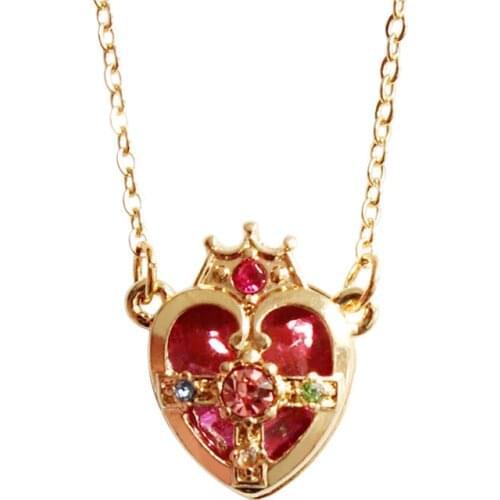 Women Girls Gift Japanese Cartoon Gold Color Chain Pink Green Crystal Heart Shape Pendant Star Moon Cos Necklaces