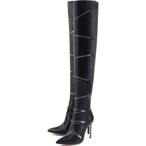 Womens Boots Zipper Decorated Black Thin Heels High Heel Pointed Over The Knee Modern Boots British Style Shoes Woman Botas De