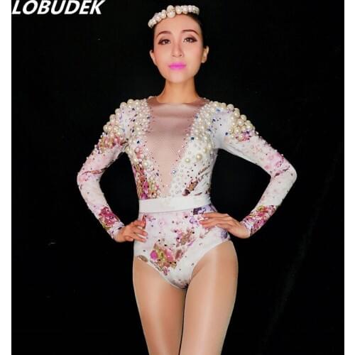 Nightclub Bar Party Women Stage Costume Sexy Elastic Sparkly Diamond Pearl Bodysuit Star Birthday Celebration Performance Outfit
