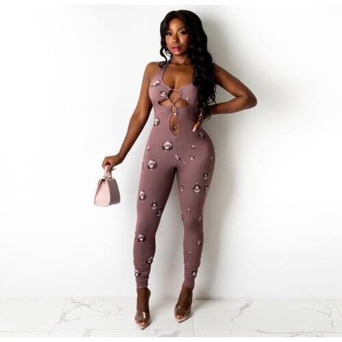 2021 New Arrival Famous Brand Jumpsuits Print Bandage Spaghetti Strap Summer Sexy Club Bodycon Rompers