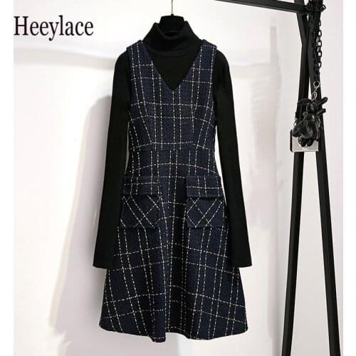 Plus size office ladies winter elegant vintage two piece sets women black turtleneck knitted sweater and tweed vest dress suits