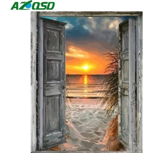 AZQSD Pianting By Numbers Front Door Beach Handmade Unique Gifts Oil Painting By Number On Canvas Seaside Kits Home Decoration