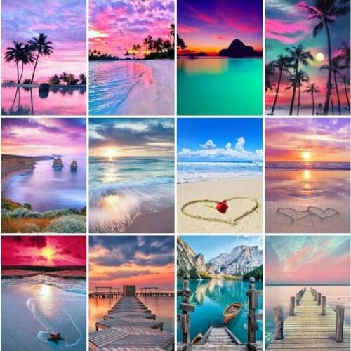 AZQSD Full Drill 5D Diy Diamond Painting Sunset Seaside Picture Of Rhinestones Diamond Embroidery Landscape Mosaic Decor Gifts