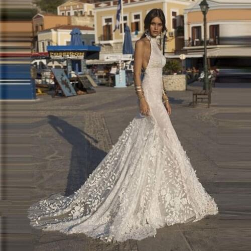 White Lace Appliques Boho Bridal Dresses trouwjurk Handmade Flowers Halter Neck Sexy Backless Mermaid Brideal Gowns