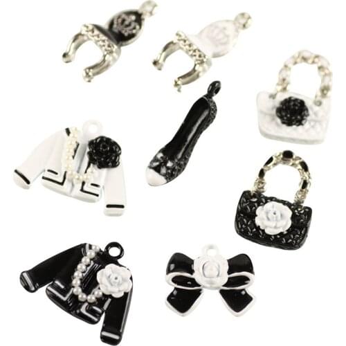 Free Shipping Mix 50pcs Black&white Colors Fashion Cloth Shoes Royal Chair Handbag Flower Bow Kot Shape Jewelry Bracelet Charms