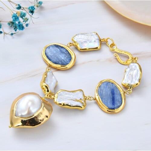 Freshwater White Keshi Pearl Natural Blue kyanite Nugget Heart Pearl Gold Color Bracelet 8" Lady Jewelry