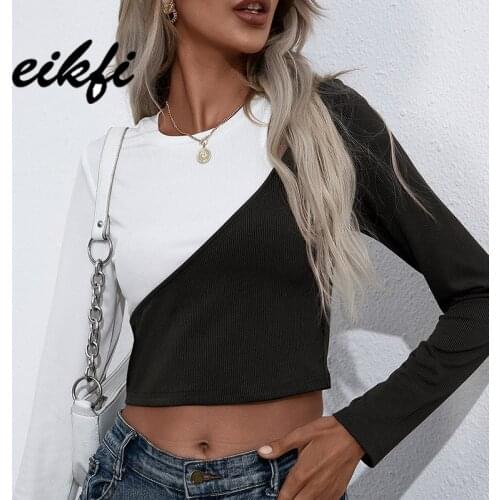 EIKFI Multicolor Two Tone Patched Women Short Tops Autumn Ladies Sexy Long Sleeve Round Neck Hollow Shoulder Shirts and Tops New