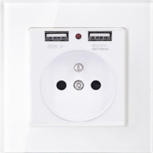 France Crystal Glass Panel Dual Usb Charge Port 2.1a Wall Charger Adapter Led Indicator 16a Eu Socket Power Outlet white Color