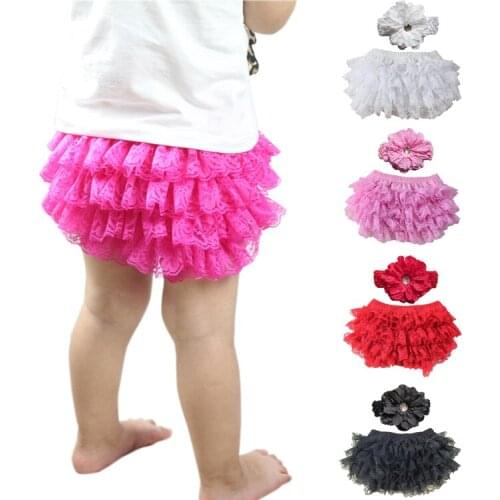 Toddler Girls Lace Ruffle Shorts Pant 3-24 month Bloomers Cover Tutu Bottoms 12 Colors Baby Bloomer Headband Set