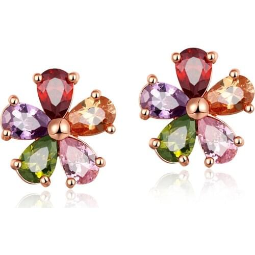 Fashion AAA Zircon Colorful Flower Crystals Stud Earring for Women Rose gold color Fashion Jewelry Earrings female