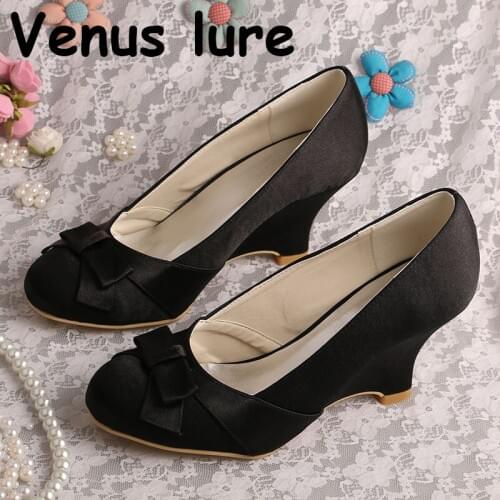 Custom Handmade Occasion Wedge Shoes Closed Toe Black Satin Customized Heel