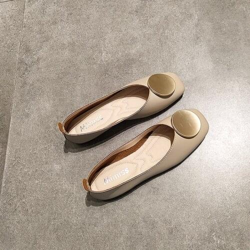 Flat Square Toe Single Shoes Women Shallow Mouth Soft Sole Flat Heel Peas Shoes Round Buckle Retro Soft Leather Comfortable Shoe