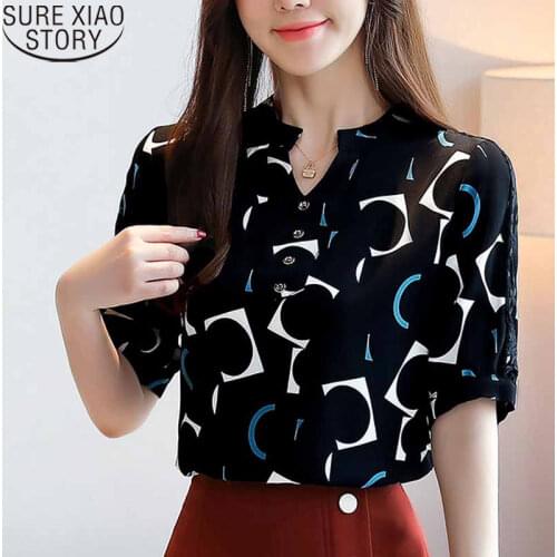 Office Lady OL Geometric Print Shirts 2021 Summer Short Sleeve Blouses Women Chiffon Blouse Ladies Tops V-Neck Blusas 10678