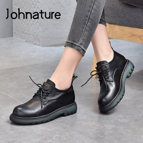 Johnature Lace-Up Pumps Women Shoes Genuine Leather Spring/Autumn 2021 New Retro Casual Round Toe Handmade Leisure Ladies Shoes