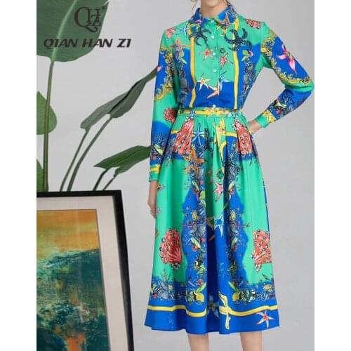Qian Han Zi designer fashion two piece set Diamonds long-sleeved shirt+shell starfish print skirt Suit women new elegant autumn