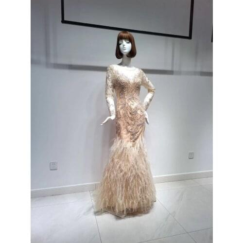 Golden Fashion Ladies With Long Sleeves O-Neck Mermaid Feathers Evening Party Dark Gowns New For Women Wedding Party Graduation