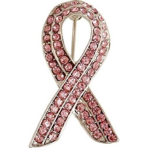 1.4 Inch Rhodium Silver Plated Pink Rhinestone Crystal Ribbon Bow Breast Cancer Awareness Brooch