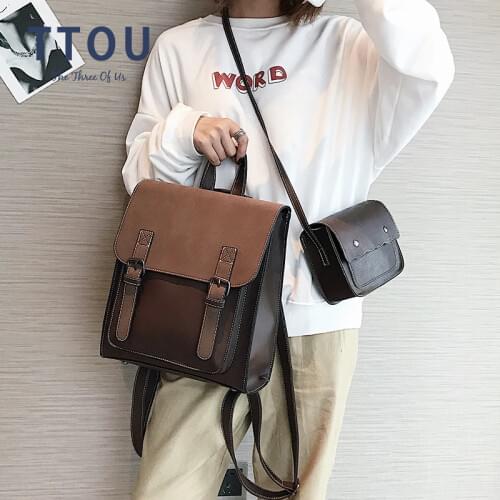 Fashion 2 PCS/SET Leather Women Backpacks for Teenagers female Back Pack Large Capacity Pu Travelling Bags Vintage school bag