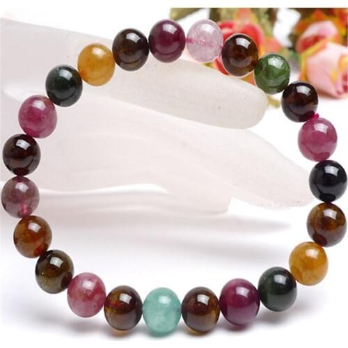 8mm Genuine Natural Tourmaline Gems Stone Transparent Loose Round Beads Fashion Jewelry Stretch Charm Womens Crystal Bracelet