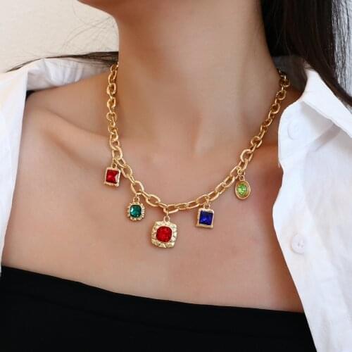 AENSOA 3 Style Punk Thick Colorful Crystal Pendants Heart Star Pearl Choker Necklace Simple Golden Chunky Necklace for Women